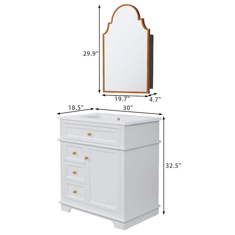 Bathroom Vanity Set with Arched Medicine Cabinet Mirror 30-Inch Vanity with Integrated Sink Top
