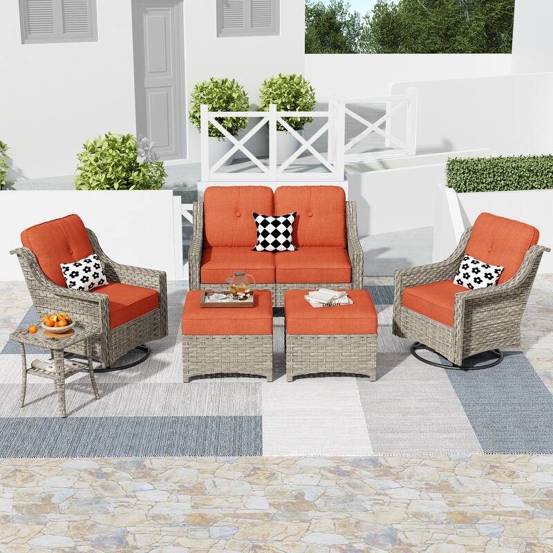HOOOWOOO 6-piece Wicker Furniture Patio Loveseat Sofa Conversation Set with Swivel Chair