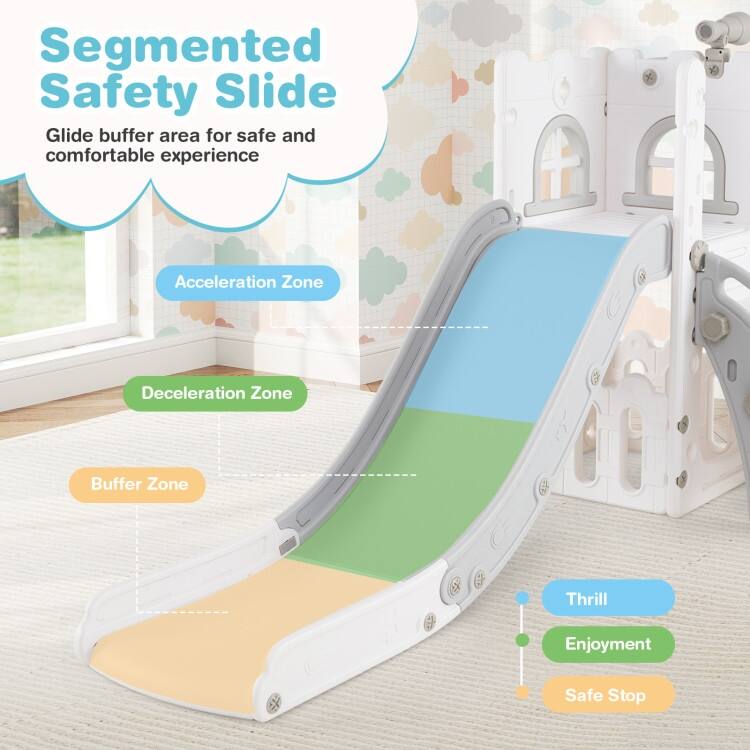 6 in 1 Toddler Slide and Playset for Kids with Basketball Hoop Climber Telescope and Storage - 27" x 57" x 33.5" (L x W x H)