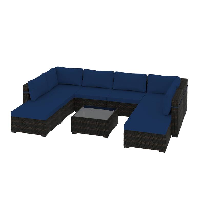 UPHA 9 Pieces Patio Furniture Set Outdoor Sectional Sofa Set, Rattan Wicker Conversation Set with Coffee Table and Ottomans - Navy Blue