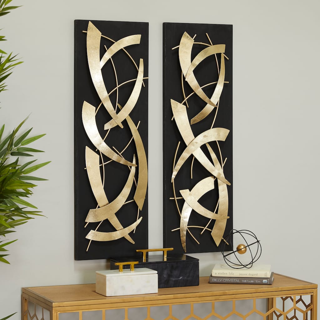 Gold Metal Dimensional Abstract Wall Decor with Black or White Wood Backing (Set of 2)