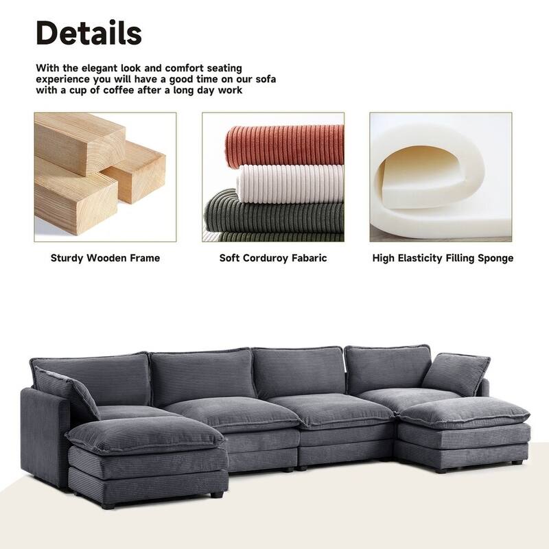 Oversized Modular Corduroy Sectional Sofa Set with Ottoman, 3-Seater / 4-Seater Deep Seat Lounge Couch for Living Room