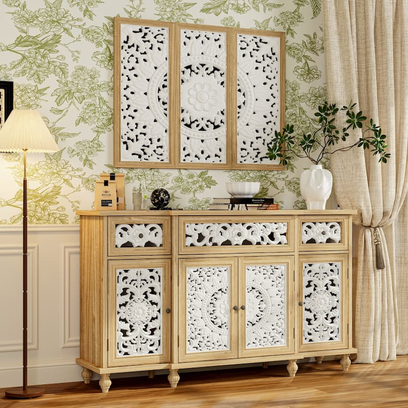 Booksheves Boho Entryway Display Cabinet w Wall Décor White Hollow Carved Panels Sideboard