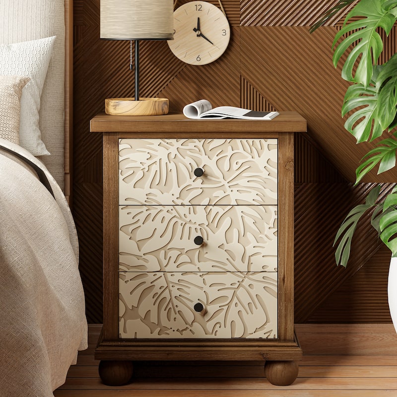 COZAYH Rustic Farmhouse 3-Drawer Nightstand with Leaves Pattern Carved, Vintage French Country Dresser Chest Accent Cabinet - Small Drawer Chest