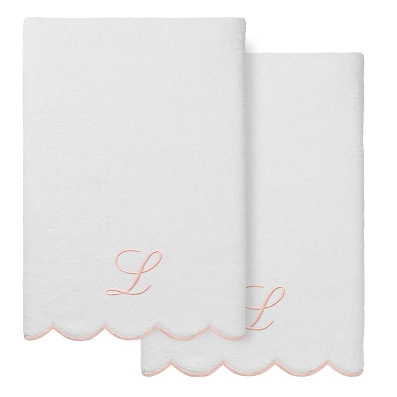Authentic Hotel and Spa 100% Turkish Cotton Pink ADORNIA Scallop Personalized 2 Piece Bath Towel Set - 2 Bath Towels - L