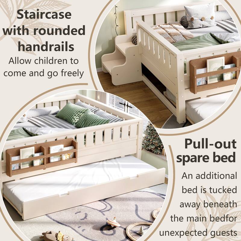 Full/Twin Size Wood Bed with Built-in Bookshelves and Storage Staircase, Safety Rails and Trundle Bed