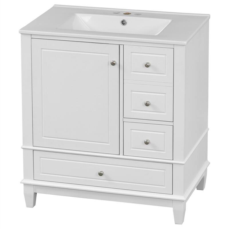 30" Bathroom Vanity with Ceramic Sink, Freestanding Bathroom Vanity Cabinet w/ 3 Storage Drawers, 1 Soft Close Door & Door Shelf
