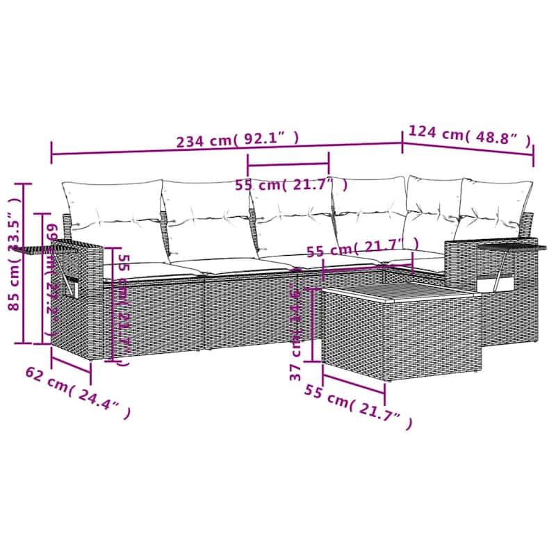 vidaXL 6 Piece Patio Sofa Set with Cushions Gray/Brown/Black Poly Rattan - 24.4" x 24.4" x 27.2"