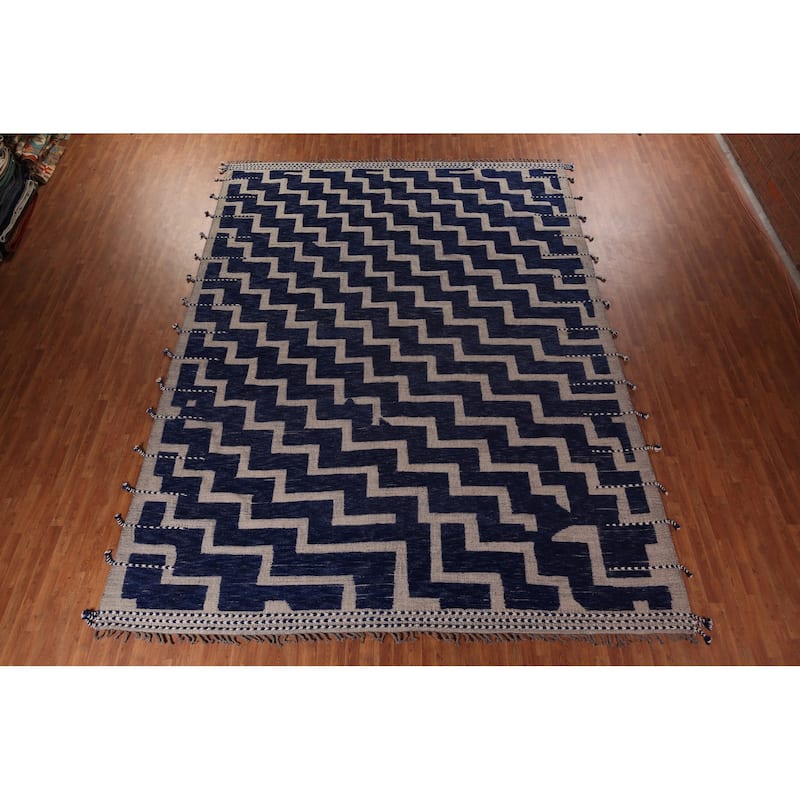 Blue Geometric Moroccan Modern Large Area Rug Hand-Knotted Wool Carpet - 11'8"x 15'6"