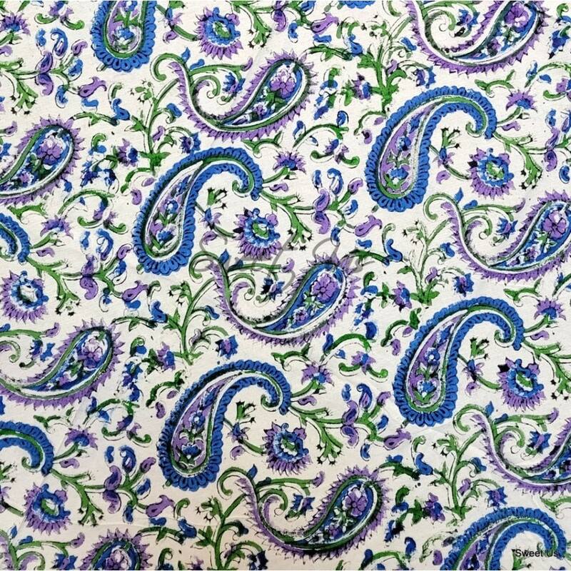 Block Print Tablecloth Round, Floral Paisley Elephants, White - Paisley Elephant, Red Blue Tan