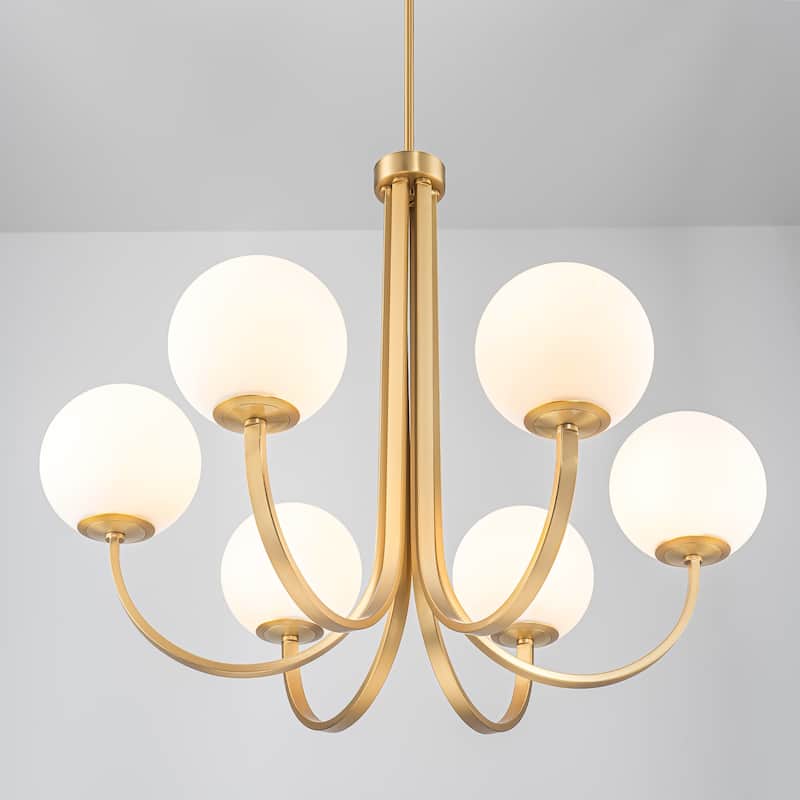 6-Light 32.2" Modern Gold Linear Cluster Globe Chandelier with Frosted Opal Glass Shade - 32.2 in. W x 26.7 in. H