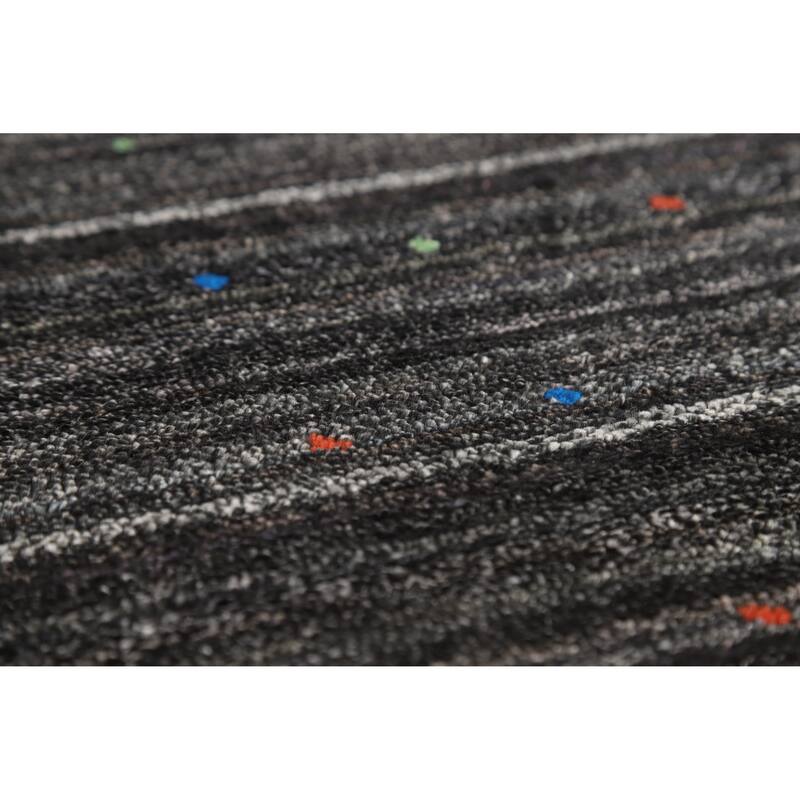Striped Black Gabbeh Oriental Area Rug Hand-Knotted Silk Carpet - 8'2" x 9'8"