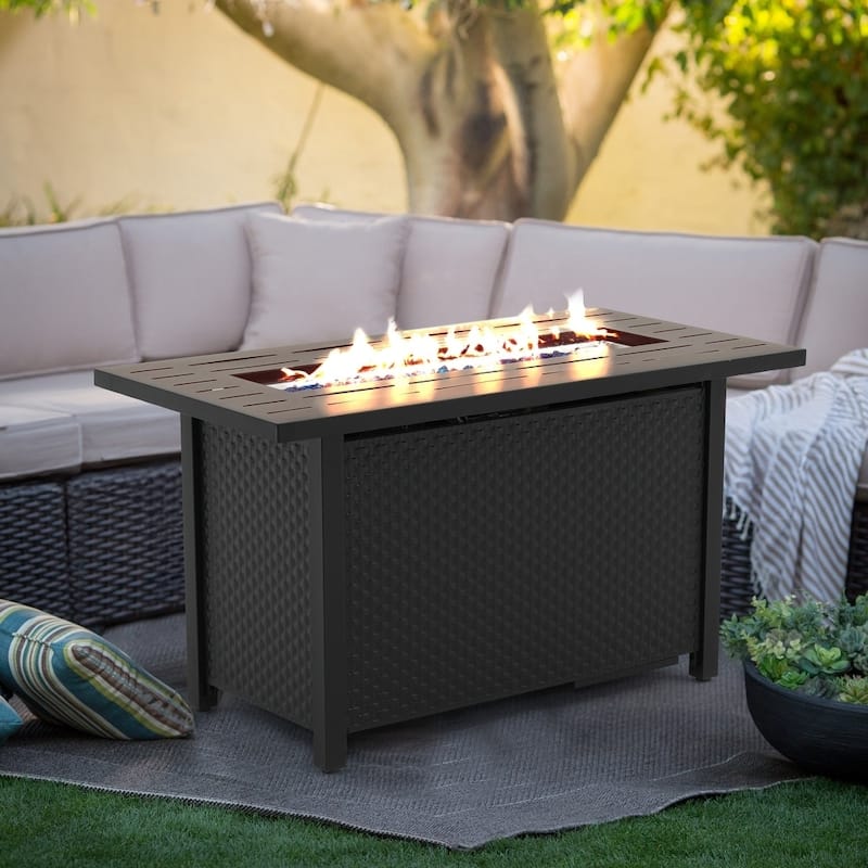Outdoor 50000 BTU Rectangular 45” Propane Fire Pit Table with Glass Wind Guard for Patio, Deck, Backyard, Black