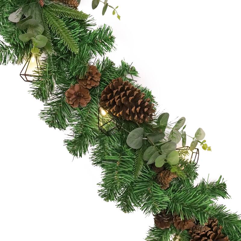 6ft Artificial Mixed Pine Cone Eucalyptus & Pine Christmas Garland with Geometric Pyramid String Light Set