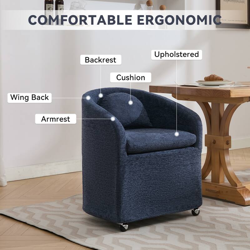Single Chenille Fabric Dining Chair with 360° Revolving Wheels and Back Cushion