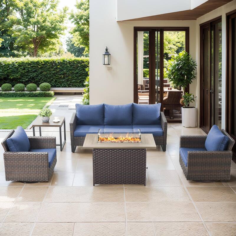 Outdoor Sofa Glider Chairs & Fire Table Brwon-Blue - Brown - Brown - Blue