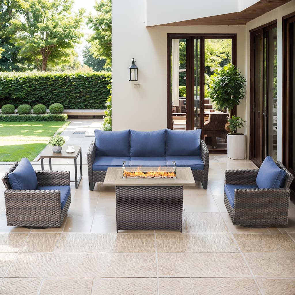 Outdoor Sofa Glider Chairs & Fire Table Brwon-Blue - Brown