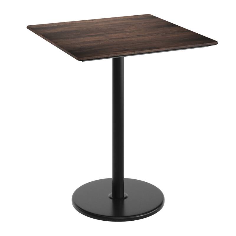 Commercial HPL Tabletop with Bar Height Round Base - 36"W x 36"D x 42"H - Dark Brown/Black Base