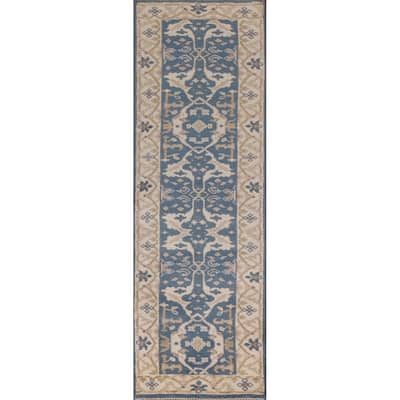 Blue Oushak Indian Runner Rug Handmade Wool Carpet - 2'6"x 9'9"