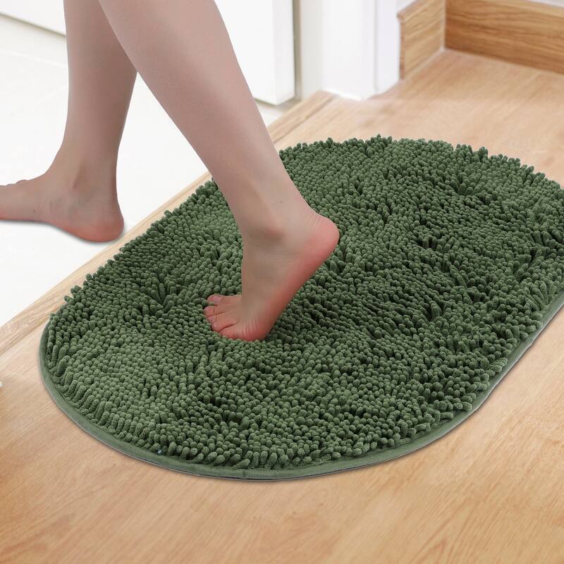 Oval Plush Bath Mat, Soft Non Slip Absorbent Rug, Rubber Backing Quick Dry Rugs for Shower Floor, Bathroom Decor - Green - 20" x 32"