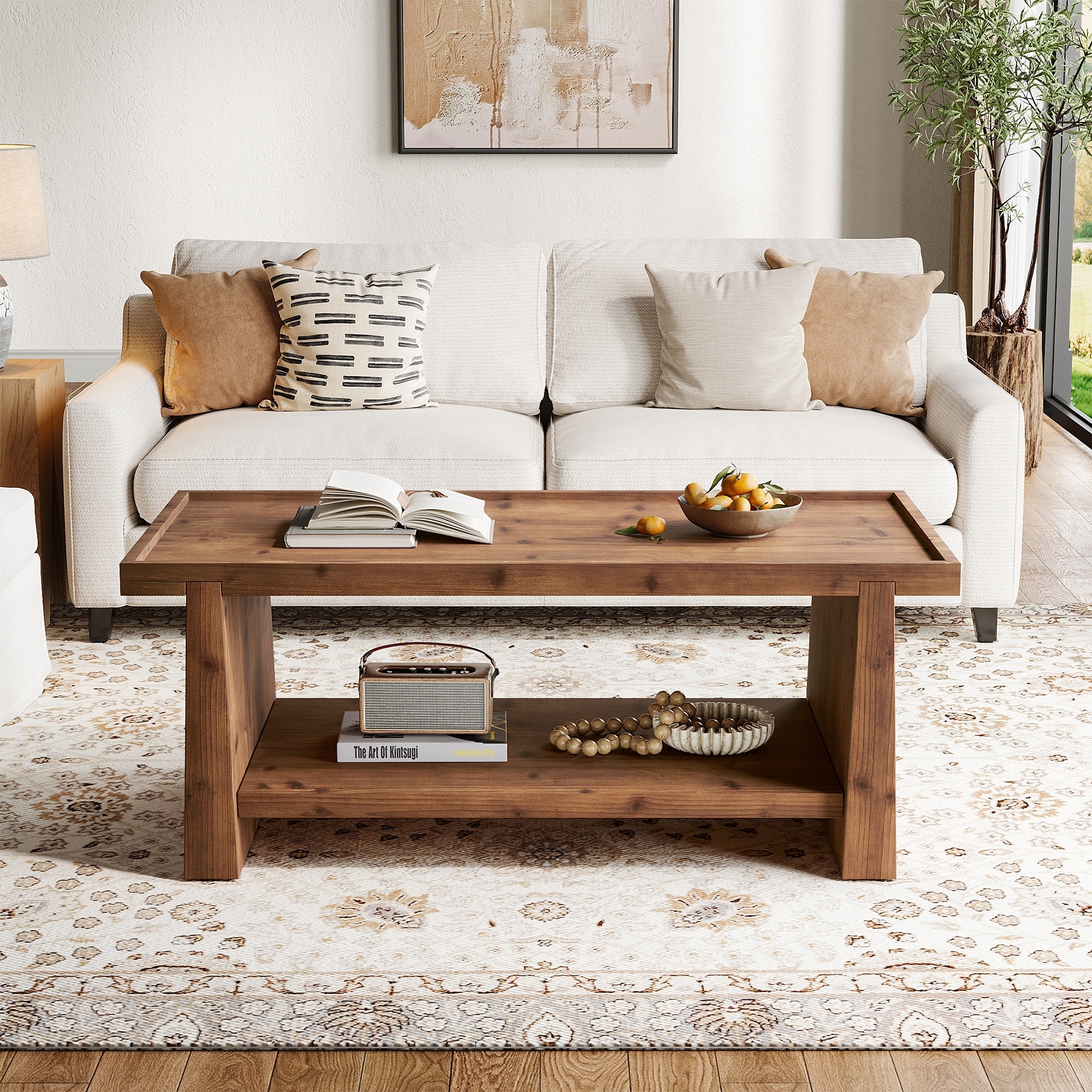Solid Wood Coffee Table, 47.24" Rustic Farmhouse Coffee Table