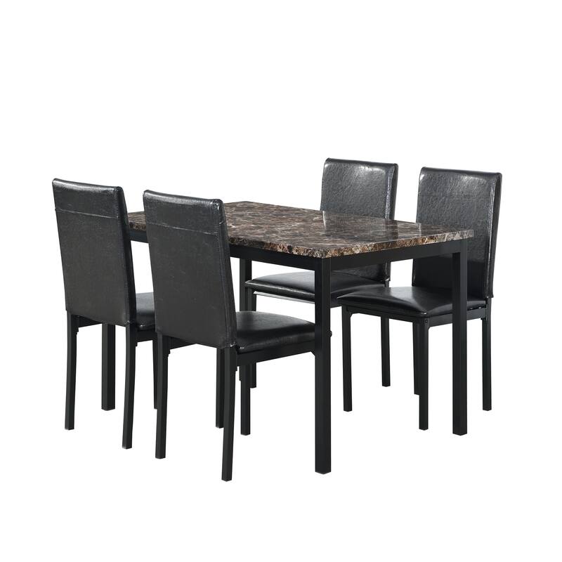 5-Piece Faux Marble Dining Set with 4 Chairs, Faux Leather Chairs Upholstered Dining Chairs Side Coffee Chairs - Black