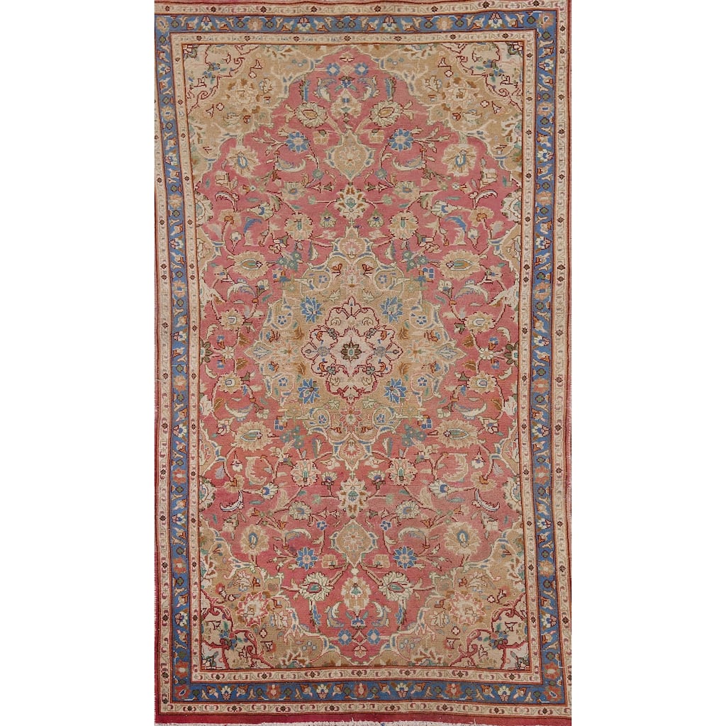 Floral Pink Kashmar Persian Vintage Area Rug Handmade Wool Carpet - 3'11" x 7'1"