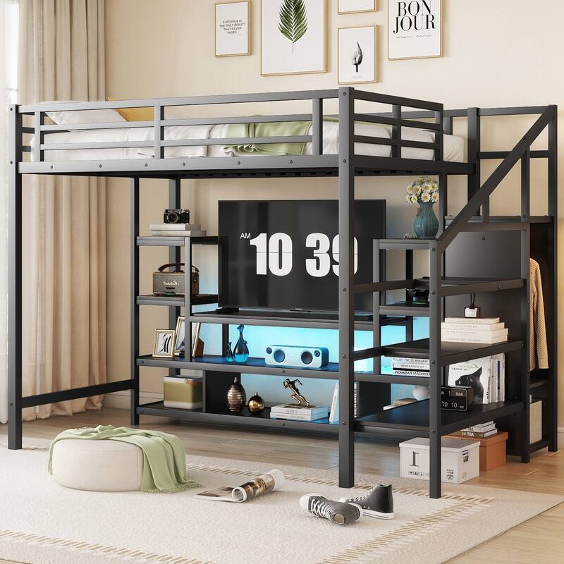 Full Size Metal Loft Bed with TV Stand, Staircase, Wardrobe, and LED Light Strip