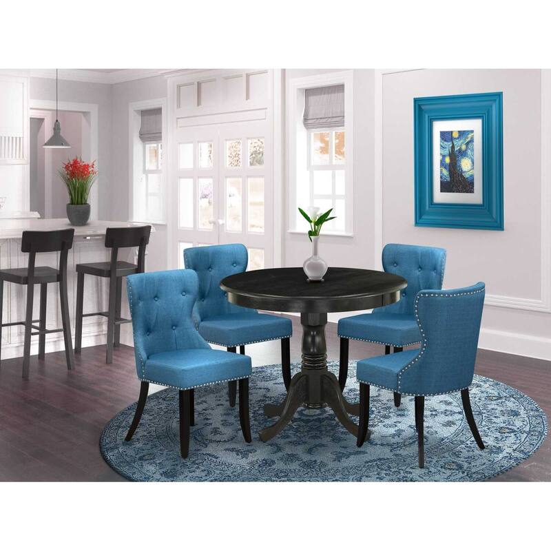 HomeStock 5-Piece Round Wire Brushed Black Finish Solid Wood Top Dining Table with 4 Parson Chair with Lattice Back