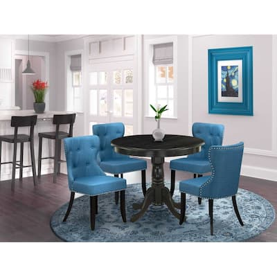 HomeStock 5-Piece Round Wire Brushed Black Finish Solid Wood Top Dining Table with 4 Parson Chair with Lattice Back