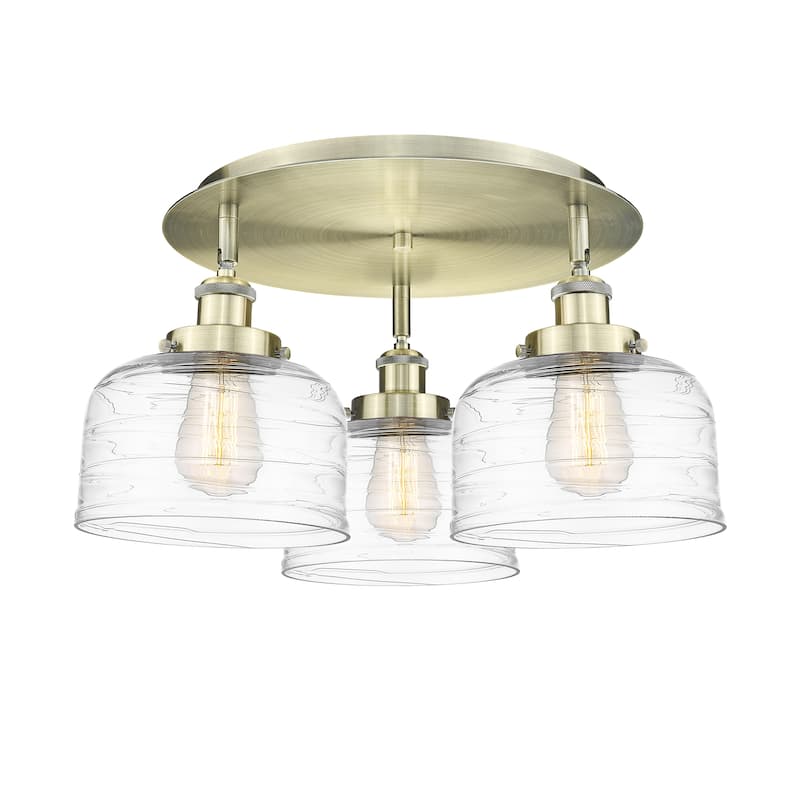 Innovations Lighting Bell - 3 Light 20" Flush Mount - Antique Brass/Clear Deco Swirl