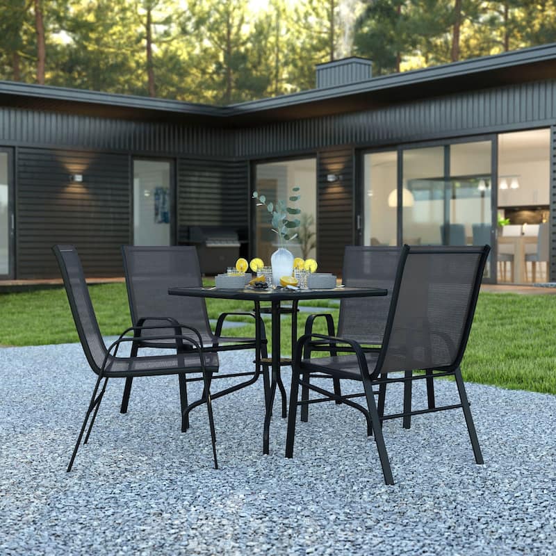 5 Piece Patio Dining Set - Glass Table, 4 Flex Stack Chairs - Black
