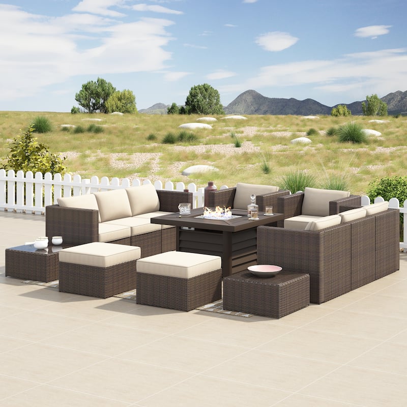 Corvus Trey 13-piece Woven Wicker Sectional Patio Furniture Set with Fire Table - Beige with Square Brown Fire Table