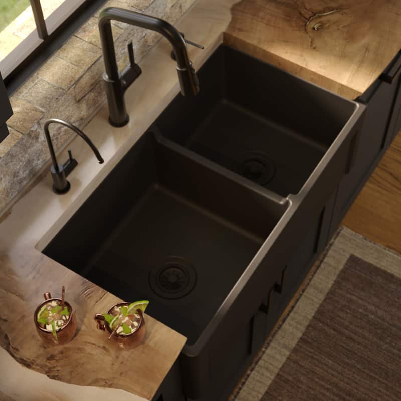 Karran 33" Double Bowl Panel Front Farmhouse Fireclay Kitchen Sink with Reversible Apron Front