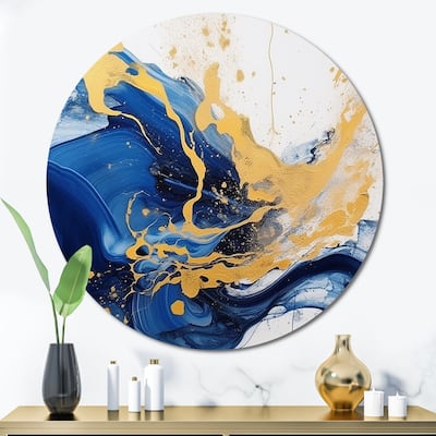 Designart "Dark Blue and Gold Strokes III" Fractals Metal Circle Wall Art