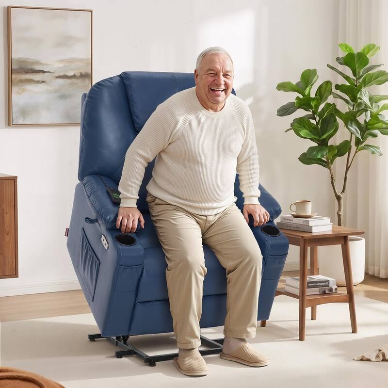 MCombo Large-Wide Power Lift Recliner Chair Sofa with Massage and Heat for Elderly People, Faux Leather R7510 - Blue