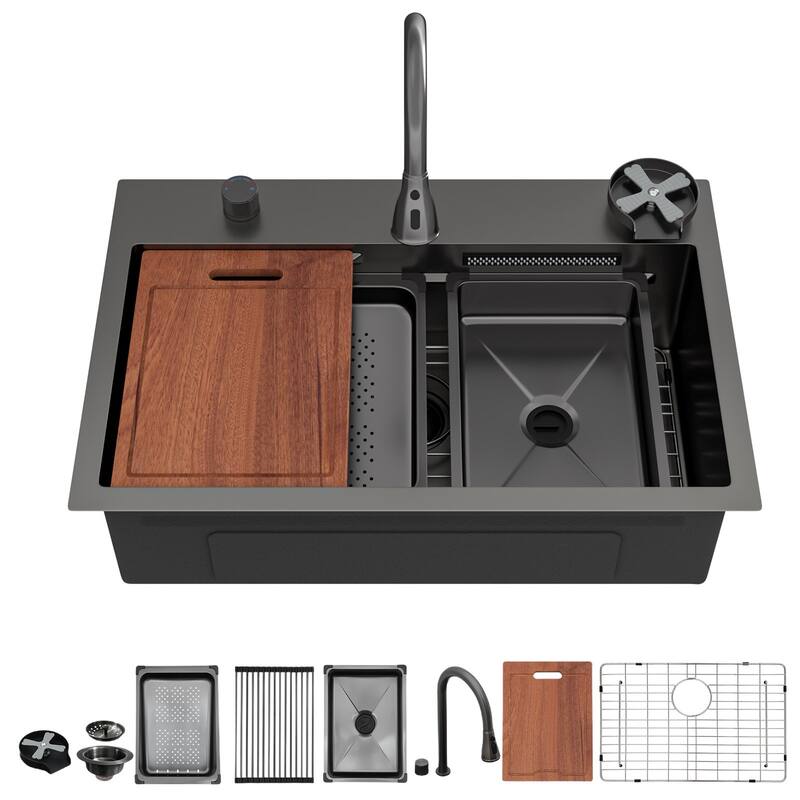 31.5 Inch Drop-in Single Bowl 16 Gauge Stainless Steel Kitchen Sink with Pull-Down Faucet - 31.5'' x 21'' x 9.4''