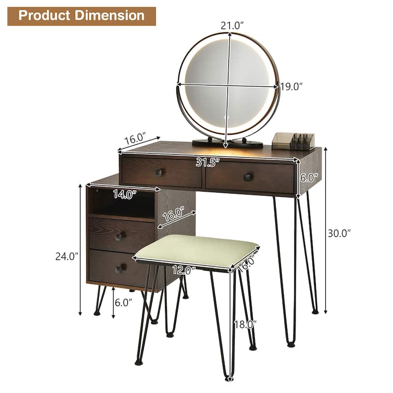 Costway Vanity Table Stool Set Dimmer LED Mirror Large Storage Cabinet - See details