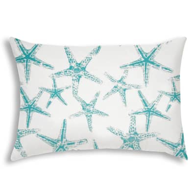 HomeRoots 14" X 20" Turquoise And White Starfish Blown Seam Nautical Lumbar Indoor Outdoor Pillow - 14