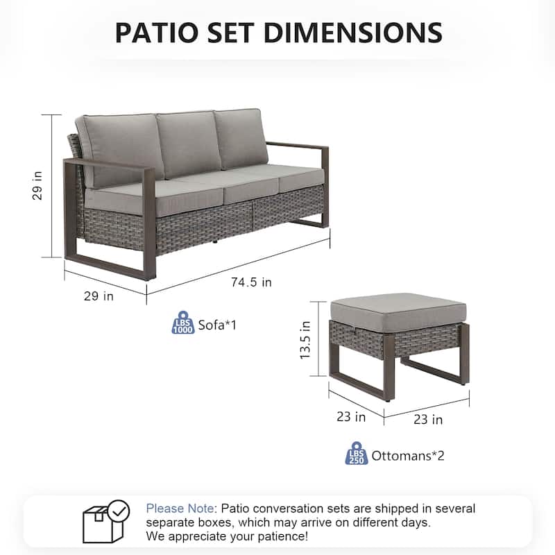 Pocassy 3 Pieces Outoor Patio Sofa Chair Ottoman Set
