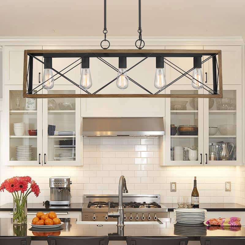 Kiro 5-light Farmhouse Linear Chandelier Faux Wood Dining Lighting with UL Certified - 36'' - Pinewood/Aged Zinc