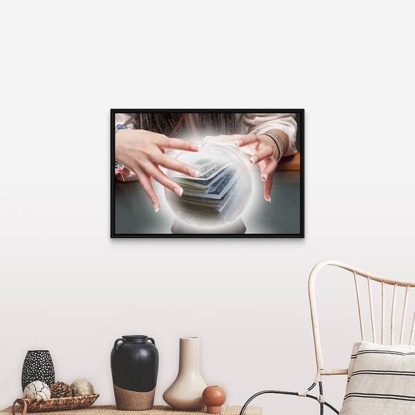 Shop Mixed Race Fortune Teller With Crystal Ball With Money Inside Black Float Frame Canvas Art Overstock 26430858