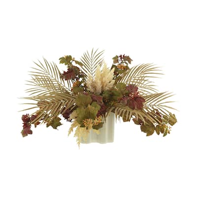 Danica Ivy and Areca Palm Arrangement in a Ceramic Vase - Burgundy, Red, Green, Beige, White