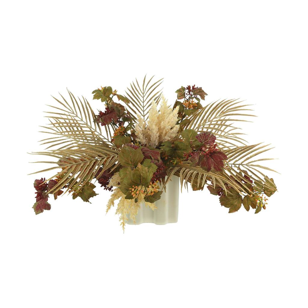 Danica Ivy and Areca Palm Arrangement in a Ceramic Vase - Burgundy, Red, Green, Beige, White