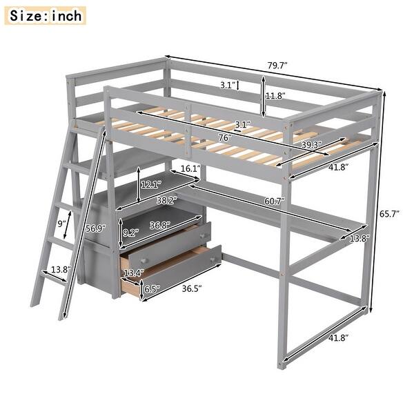 dimension image slide 1 of 2, Solid Pine Wood Twin Size Loft Bed With Desk and Drawers