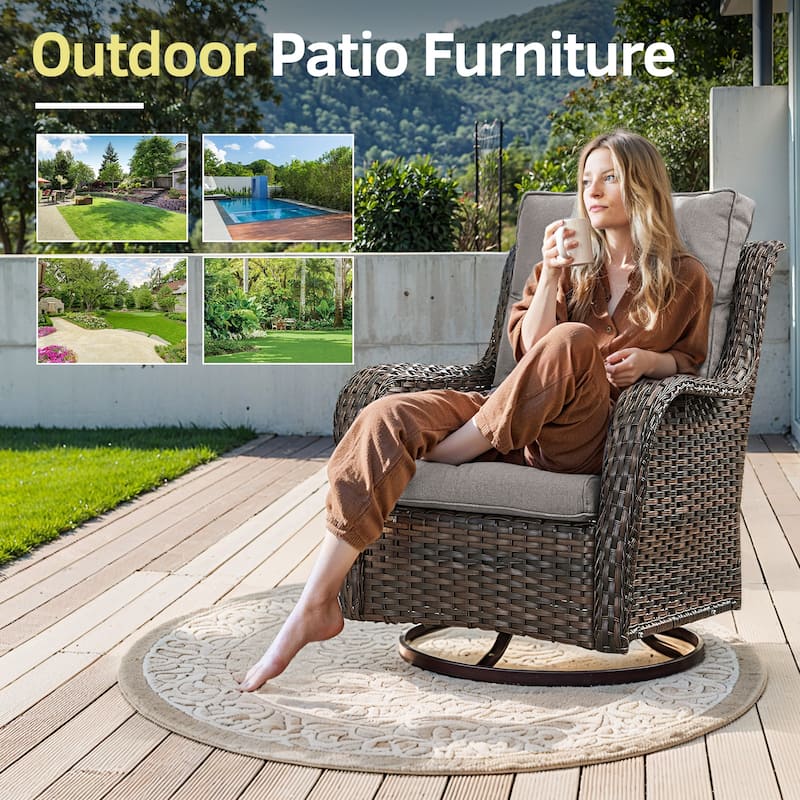 PE Wicker Rattan Outdoor Patio Swivel Rocking Furniture Set - Brown