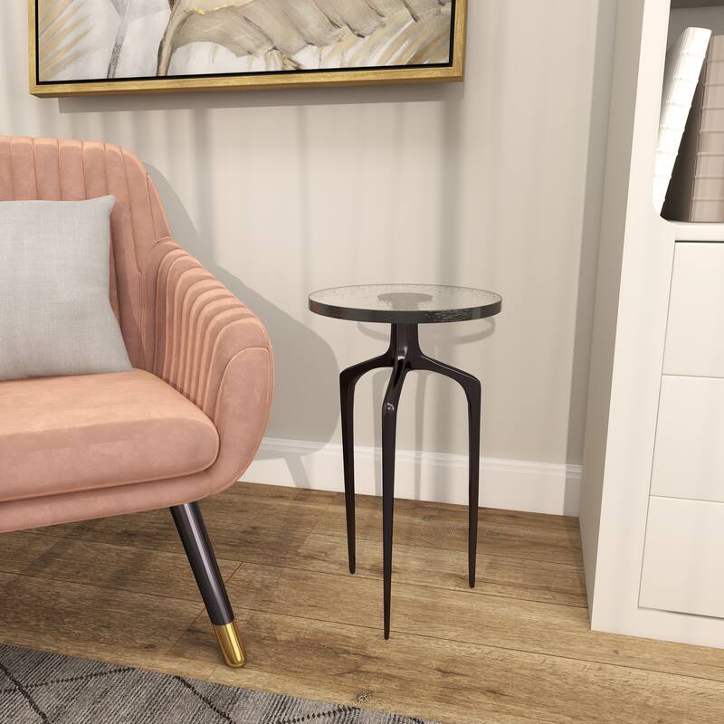 Black Aluminum Metal Accent Table with Textured Glass Tabletop