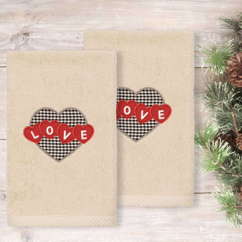 Authentic Hotel and Spa Love Hearts Embroidered Luxury 100% Turkish Cotton Hand Towels (Set of 2)