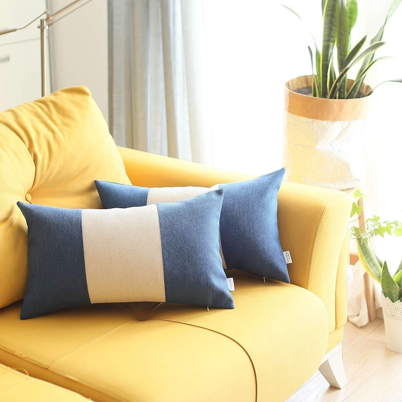 HomeRoots Set Of Two 20" X 12" Grey And Blue Geometric Zippered Handmade Polyester Lumbar Pillow