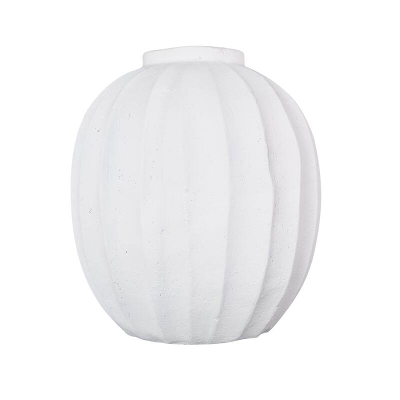 White Magnesium Oxide Wide Decorative Vase with Carved Grooves